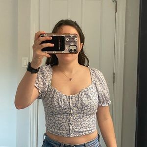 Blue flowery button up crop top